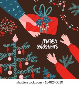 Adult human Hands holding Christmas red gift box on brown background. Arms giving gift box to chid. Hand drawn flat vector illustration