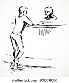 Adult human male clerk visit bank book register checkout staff black line hand draw symbol concept cartoon art sketch graphic style. Greet airport trip motel card table view indoor white room interior