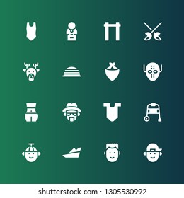 adult icon set. Collection of 16 filled adult icons included Boy, Robin hood, Walking stick, Body, Heisenberg, Serial killer, Kerchief, Bosu ball, Deer, Fencing, Pull up, Bust