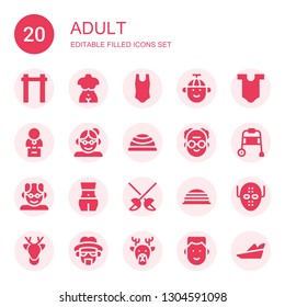 adult icon set. Collection of 20 filled adult icons included Pull up, Bust, Body, Boy, Grandmother, Bosu ball, Grandfather, Walking stick, Fencing, Serial killer, Deer, Heisenberg