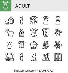 adult icon set. Collection of Dress, Suit, Deer, Body, Drunk, Boy, Foxtrot, Strong, Shopper, Stationary bike icons