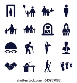 Adult icons set. set of 16 adult filled icons such as metal gate detector, airport officer, man, casino girl, bust, man sleeping on table, handshake, swimming hat and glasses