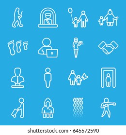 Adult icons set. set of 16 adult outline icons such as man with luggage, metal gate detector, airport officer, man, curly hair, casino girl, bust, man with laptop, handshake