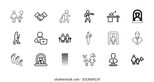 Adult icons. set of 18 editable outline adult icons: airport officer, curly hair, bust, man with laptop, mother and son, old couple, man sleeping on table, handshake, karate