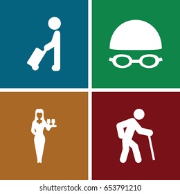 Adult icons set. set of 4 adult filled icons such as man with luggage, casino girl, swimming hat and glasses