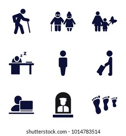 Adult icons. set of 9 editable filled adult icons such as man with luggage, man, mother and son, family footprint, airport officer
