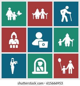 Adult icons set. set of 9 adult filled icons such as airport officer, Casino girl, man with laptop, father and son, mother and son, old man, old woman and child