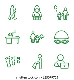 Adult icons set. set of 9 adult outline icons such as man with luggage, Casino girl, man with laptop, man sleeping on table, caveman, swimming hat and glasses, father and son