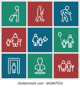 Adult icons set. set of 9 adult outline icons such as man with luggage, metal gate detector, bust, caveman, father and son, mother and son, old man, old woman and child