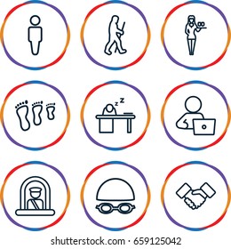 Adult icons set. set of 9 adult outline icons such as airport officer, man, casino girl, man with laptop, man sleeping on table, handshake, caveman, swimming hat and glasses