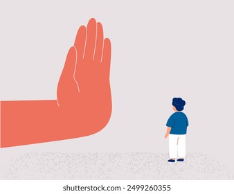 Adult imposing boundaries in upbringing his baby. Restriction of children's rights in society. Human hand shows stop gesture for toddler. Vector illustration