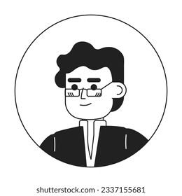 Adult indian man monochrome flat linear character head. Editable cartoon avatar icon. Curly hair brunette in glasses. Face emotion. Colorful spot illustration for web graphic design, animation