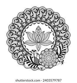 Adult Isolated lotus mandala coloring book page for kdp book interior. Peaceful Petals, Ability to Relax, Brain Experiences, Harmonious Haven, Peaceful Portraits, Blossoming Beauty mandala design.