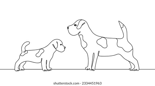 Adult Jack Russell Terrier and puppy. Hunting dog breed. International Dog Day. One line drawing for different uses. Vector illustration.