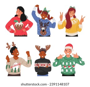 Adult and Kid Characters Wear Festive Ugly Sweaters, Striking Humorous Poses, And Radiating Holiday Cheer, Spreading Warmth And Laughter During The Christmas Season. Cartoon People Vector Illustration