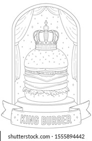 Adult And Kid Coloring Page With Delicious Burger Theme, Fun And Happy Lifestyle