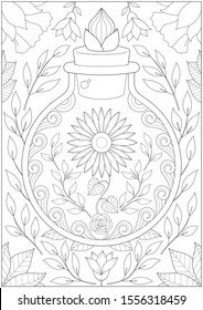 Adult and kid coloring page with nature theme, sunflower inside bottle so beautiful