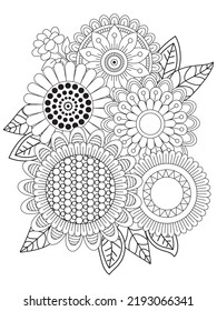 Adult And Kids Flower Coloring Page. Hand Draws Floral Print Flower And Mehndi Flower Coloring Pages.