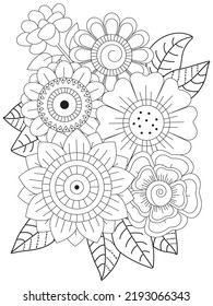 Adult And Kids Flower Coloring Page. Hand Draws Floral Print Flower And Mehndi Flower Coloring Pages.