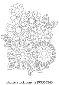 Adult And Kids Flower Coloring Page. Hand Draws Floral Print Flower And Mehndi Flower Coloring Pages.