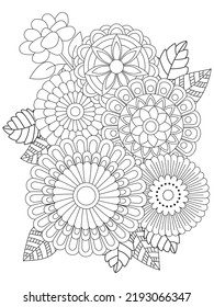 Adult And Kids Flower Coloring Page. Hand Draws Floral Print Flower And Mehndi Flower Coloring Pages.