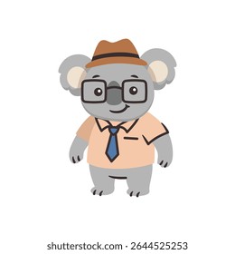 Design de ilustração de personagem Koala adulto completo com roupas, chapéu e óculos