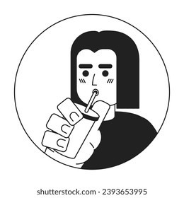 Adult korean woman sipping straw black and white 2D vector avatar illustration. Coffee enjoying asian stylish student outline cartoon character face isolated. Female drinking milkshake flat portrait
