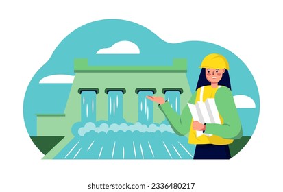 Adult lady standing near hydroelectric power system and examining. Engineer standing at location for obtaining green energy. Eco energy concept. Flat vector illustration in green and yellow colors