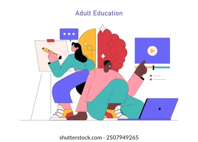 Concepto de aprendizaje de adultos. Diversas personas involucradas en la educación creativa y digital. Aprendizaje permanente, habilidades artísticas, recursos en línea. Ilustración vectorial.