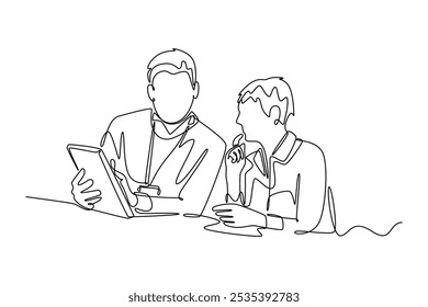 Adult learning concept. Single line draw design vector graphic illustration.