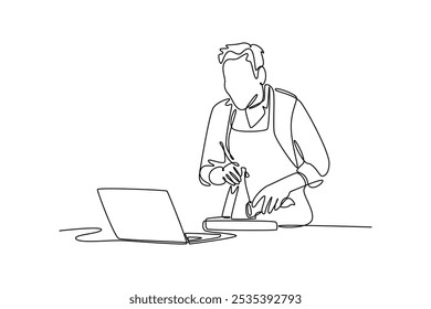 Adult learning concept. Single line draw design vector graphic illustration.