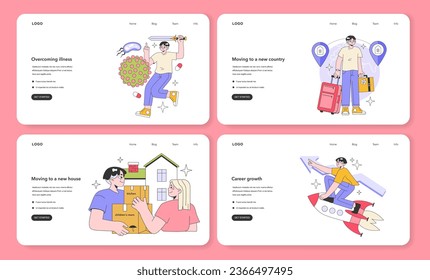 Adult life milestones web banner or landing page set. Growing and maturing, building career and family. Adulthood positive and negative experience. Flat vector illustration.