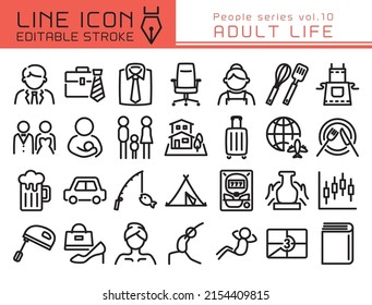 Adult life vector icon set. Editable line stroke.