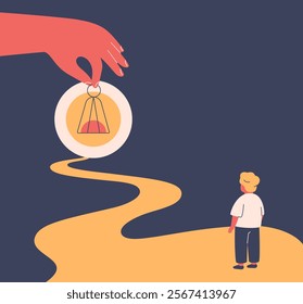 Adult lighting the way for a child with a flashlight. Parent, teacher or caregiver supporting the boy on his way forward in darkness. Safety environment for kids. Vector illustration