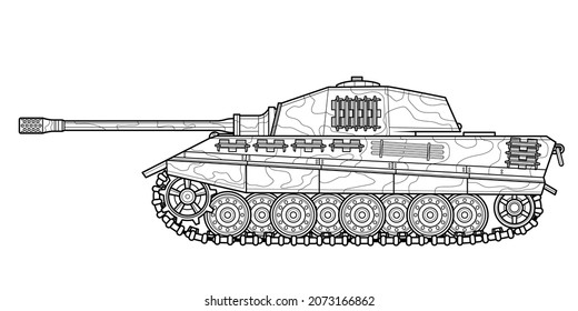 Adult line art military tank coloring page for book and drawing. War modern panzer. Vector illustration. Vehicle. Graphic element. Black contour sketch illustrate Isolated on white background