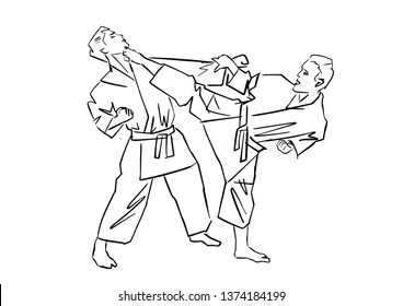 Adult male athletes in kimono. Martial arts. Black contour. Karate or judo fight. Active poses. Vector silhouettes. Hand drawn outlines.