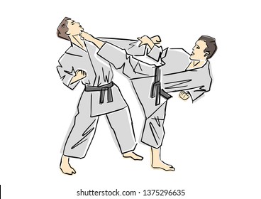 Adult male athletes in kimono. Martial arts. Black contour, isolated colors. Karate or judo fight. Active poses. Vector flat illustration. Hand drawn outlines.