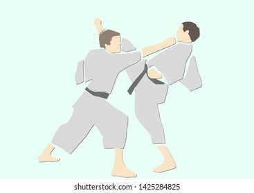 Adult male athletes in kimono. Martial arts. Karate or judo fight. Active poses. Applique or paper cut style. Colorful vector illustration.