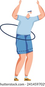 Adult male cartoon character enjoying hula hoop workout in gym shorts and t-shirt. Fun exercise routine and fitness activity vector illustration.