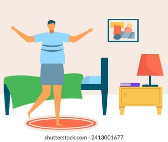 Adult male in casual attire practicing yoga at home. Indoor relaxation and leisure activity. Peaceful morning exercise routine vector illustration.