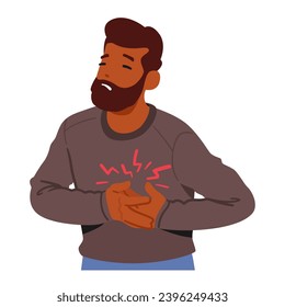 Adult Male Character Clutches His Chest In Agonizing Pain, Beads Of Sweat Forming, As A Sudden Heart Attack Strikes, Sending Waves Of Discomfort Through His Body. Cartoon People Vector Illustration