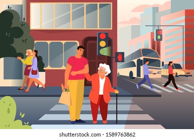 Adult Male Character Helping Old Lady Cross The Street. Man Support Old Woman In City. Help For Retired People. Idea Of Care And Humanity. Vector Illustration In Cartoon Style