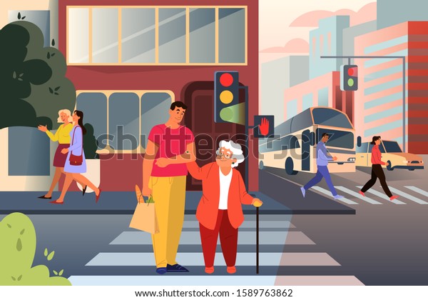 Adult male character\
helping old lady cross the street. Man support old woman in city.\
Help for retired people. Idea of care and humanity. Vector\
illustration in cartoon\
style