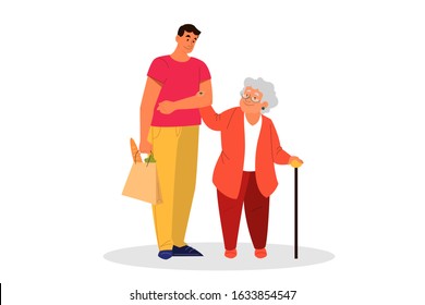 Adult male character led old lady forward by the hand. Help for retired people. Man and old woman walk together. Mother and son. Vector illustration in cartoon style