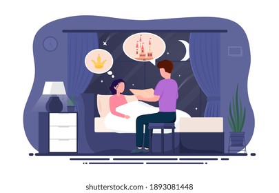 Adult male character reading book about princess and castle to his young daughter. Concept of cute girl room with big window. Dad helps daughter to fall asleep. Flat cartoon vector illustration