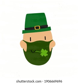 Adult male character wearing face mask to protect health on St.Patrick’s day celebration party during COVID-19 virus vector clipart.