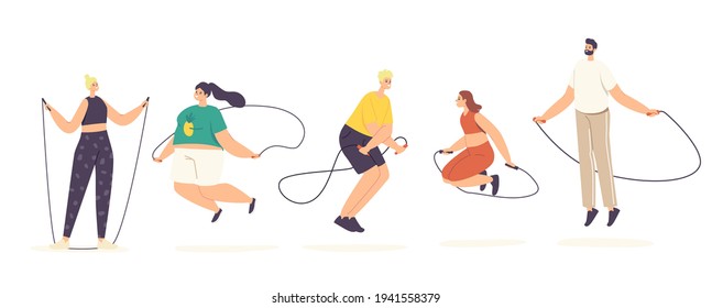 Adult Male and Female Characters Exercising with Jump Rope. Summertime Recreation, Outdoor or Indoor Activity, Active Sparetime, Weight Loss Training, Workout. Cartoon People Vector Illustration