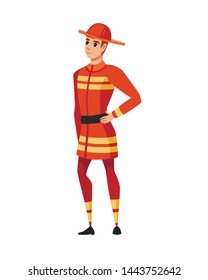 Adult male firefighter stand on ground wearing fireproof form cartoon character design flat vector illustration