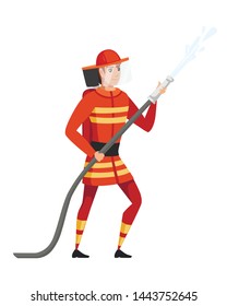Adult male firefighter stand on ground wearing fireproof form holding a fire hose and putting out a fire with water cartoon character design flat vector illustration