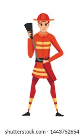Adult male firefighter stand on ground wearing fireproof form holding a fire extinguisher and ready to go cartoon character design flat vector illustration